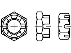 Veržlės karūnuotos, šešiakampės, žemo profilio, DIN 979